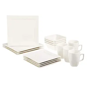 Keramische Porselein Formele Servies Sets Service Voor 4, 16Pcs Klassieke Witte Vierkante Diner Lader Plaat Dessert Kom Mok