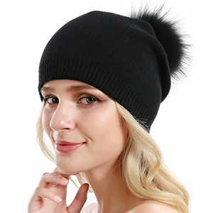 Gorro de Invierno en Oferta, Gorro de <span class=keywords><strong>Lana</strong></span> Tejida para Mujer, Gorro de Cachemira Sólido Personalizado, Gorro con Pompón de Piel - Product Image 1
