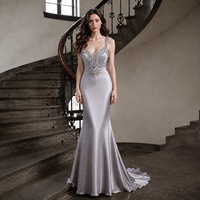 Robe de soirée trompette en satin gris platine, bretelles perlées, décolleté plongeant en V, traîne froncée effet soleil, pour bal de promo, concours de beauté, soirée, sur mesure