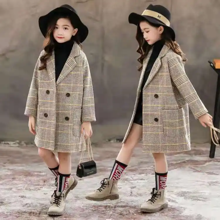 Nouveau manteau en laine pour enfants, pardessus automne-hiver chaud, avec poches croisées, Long manteau en laine pour filles de 4 à 9 ans,