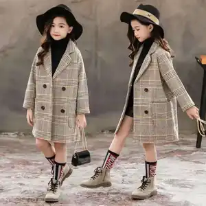 Factory Kids Autumn Winter Warm Wind Coat Plaid Double-breasted Pocket Long Overcoat Girl 4-9 Years Child Woolen Coat