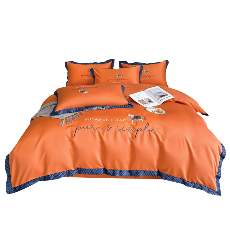 Machine Washable 100% Cotton Orange Duvet Cover 4Pcs Embroidery Bedding Set