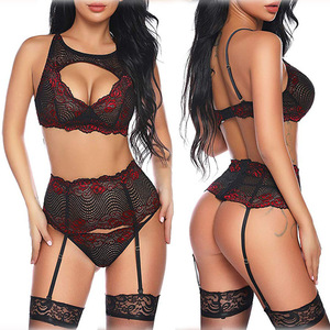 Marchandises de commerce extérieur, lingerie sexy en gros, usine de vêtements de nuit sexy, ensemble de lingerie en dentelle bicolore (trois pièces) - Product Image 1