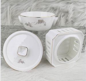 Bol à ragoût en céramique blanche avec couvercle et base, design chinois traditionnel, passe au lave-vaisselle, ensemble de vaisselle - Product Image 6
