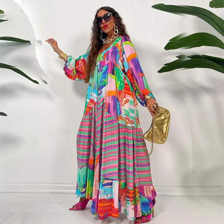 Plus Size Pleated Long-Sleeved Loose Dress 2023 Spring Swing Colorful Vacation Maxi Dress Women