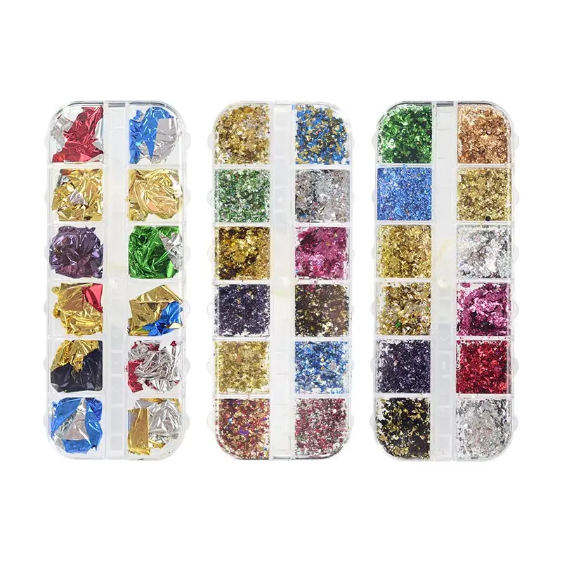 12 Grids Folie Nail Art Holografische Aluminium Nail Folie Vlokken Stickers Nail Pailletten 3D Glitter Decoratie