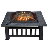 Table de foyer carrée robuste avec plateau décoratif et couvercle en maille de protection, foyer au charbon de bois pour camping, fête, barbecue