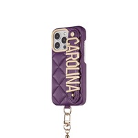 Étui de téléphone personnalisé en cuir véritable de luxe antichoc avec broderie et support pour 13/12/11 Pro Max 15/16 Pro Max, nom doré