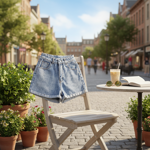 Shorts in denim da donna versatili a vita alta, gamba dritta, tinta unita, effetto stonewashed, estivi, casual, traspiranti, vestibilità regolare, con bottoni - Product Image 3