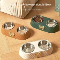 Accessoires pour animaux de compagnie : Double gamelle en acier inoxydable avec base en PP, design nœud papillon, pour chats et chiens, pour l'alimentation et l'eau