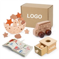 Ensemble de jouets sensoriels Montessori pour bébé YUCI, 4 pièces, avec hochets en bois et design éléphant - Kit cadeau personnalisé pour nouveau-né, fait à la main