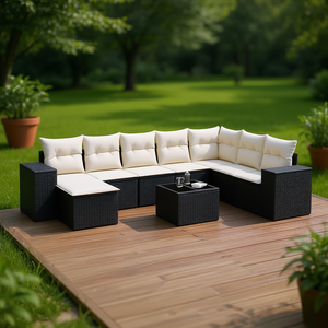 Ensemble de canapés de jardin modernes en rotin PE noir avec coussins crème, design contemporain et résistant à l'eau - Product Image 2