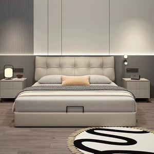 <span class=keywords><strong>Letto</strong></span> <span class=keywords><strong>Matrimoniale</strong></span> Moderno Minimalista di Lusso con <span class=keywords><strong>Testiera</strong></span> Imbottita in Pelle e Supporto a Doghe in Acciaio e Legno per Camera da <span class=keywords><strong>Letto</strong></span> Principale - Product Image 1