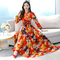 Robes maxi en mousseline de soie pour femmes, robes à manches longues à col chemise imprimées de fleurs, bouton, nouvelle mode élégante décontractée