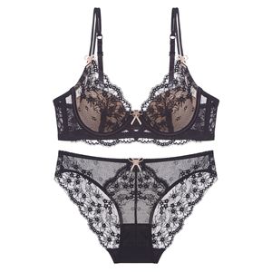 Hot Selling Breathable Floral Lace Bow Women's Intimates <b>Sexy</b> Ultra-thin Hipster Bra and Panty <b>Set</b> - Product Image 3