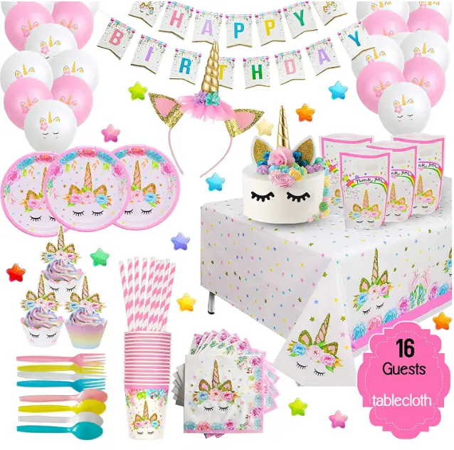 Perlengkapan pesta Unicorn piring spanduk dan balon untuk baby shower anak perempuan ulang tahun membuat kue tema Unicorn meja dekorasi pesta