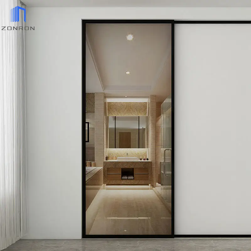 Zonron, marco estrecho, puertas de aluminio de vidrio templado doble, puerta corredera colgante de baño impermeable con vidrio de privacidad