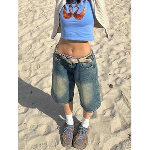 Y2K Street Vintage taille tombante poche inclinée chat lavé moustache jambe large Jorts Bermuda Denim Shorts - Product Image 6