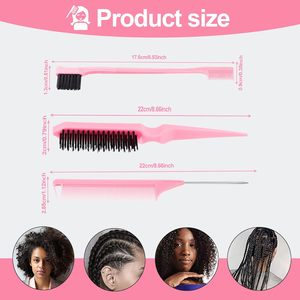 Personnalisez votre logo : Ensemble de 3 peignes coiffants roses, comprenant une brosse à cheveux démêlante à poils, une brosse de contrôle <span class=keywords><strong>des</strong></span> bords et un peigne à queue de rat - Product Image 3