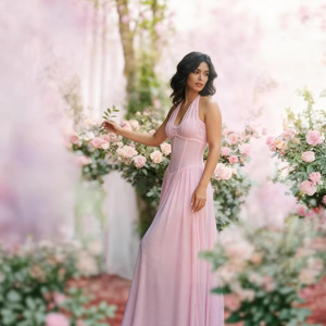 Vestido de noche elegante para mujer, con cuello en V, espalda descubierta, cintura ajustada, color rosa sólido, de poliéster. - Product Image 2