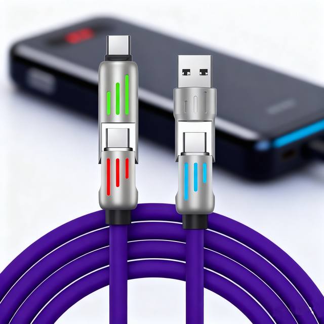 Ultra-Soft Silicone 240W 4-in-1 Type-C Fast Charging Cable With LED Breathing Light Indicator Multi USB Type C Cables for Phones