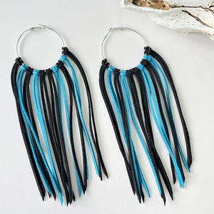 Orecchini pendenti in pelle lunga Cowboy occidentale orecchini a cerchio con nappe spesse che bloccano il colore esagerato all'ingrosso - Product Image 3