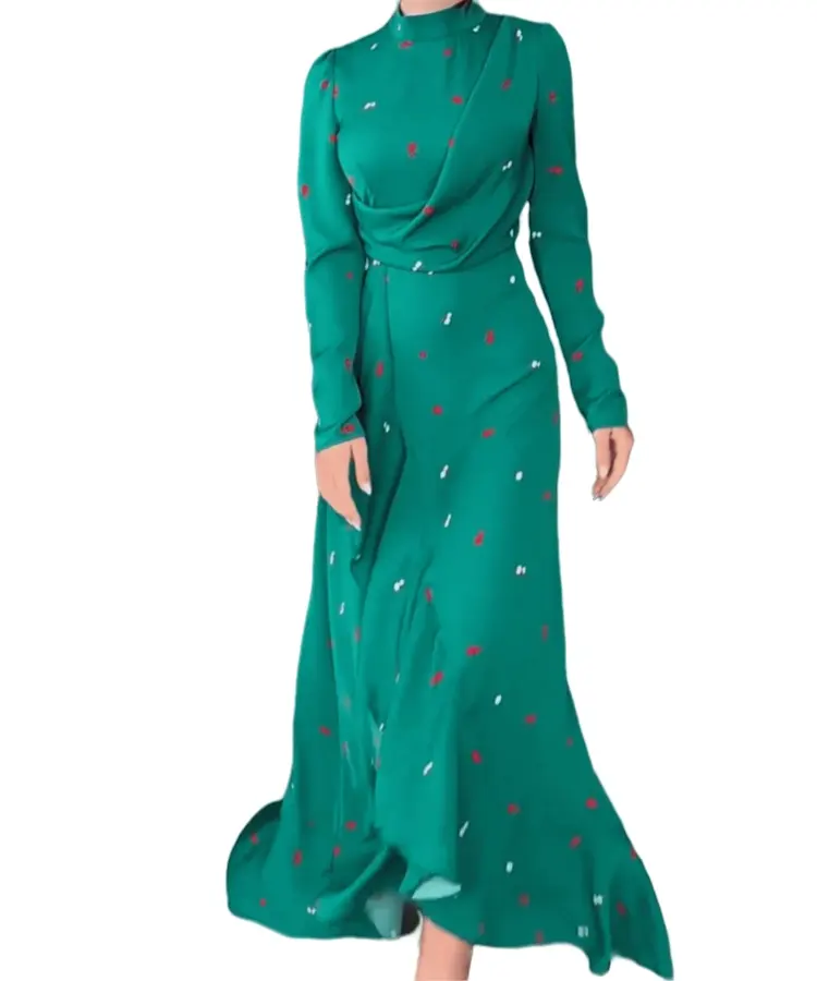 ドバイ中東アラビア女性イスラム教徒のクラビヤのためのフルーツプリントの新しいファッション控えめなファルバラ長袖ドレス在庫あり