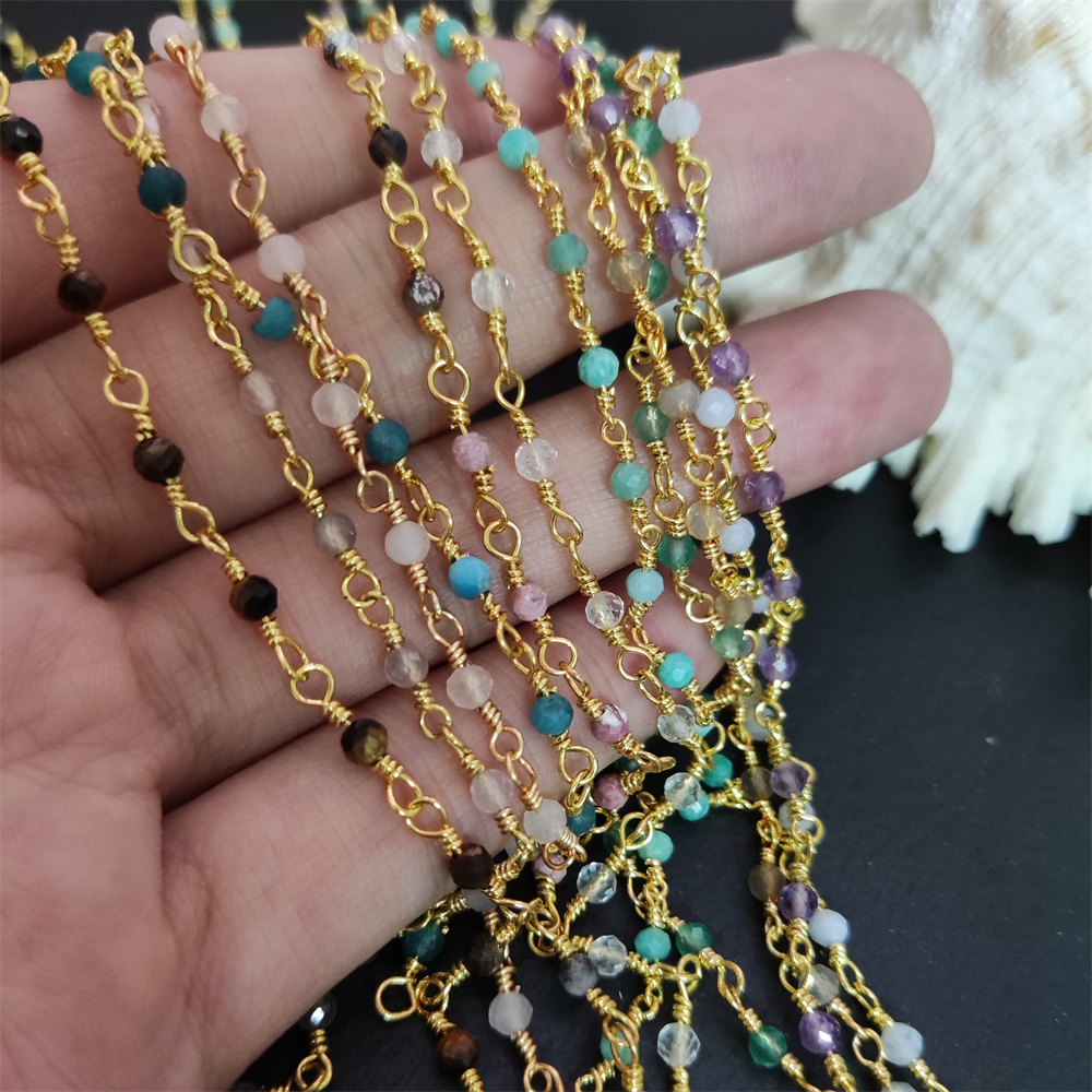 Top Selling Natural Gemstone Beaded Gold Plated Jewelry Making Round Shape Faceted Bead Rosary Chain DIY Necklace Jewelry Making