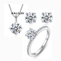 Parure de bijoux en moissanite en argent 925, coupe brillant ronde, sertie griffe, bague, collier et boucles d'oreilles, classique pour femme, pour fiançailles