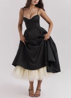 Q0219 Nouvelle Robe Chic Européenne Automne 2024 pour Femme, Coupe Trapèze, Couleur Unie, Bretelles Fines, Décoration Boutons, Longueur Midi, Idéale Soirée et Mariage