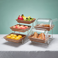 Présentoir à Desserts Commercial Multi-niveaux en Acier Inoxydable avec Paniers en Rotin – Portable pour Restaurants et Hôtels