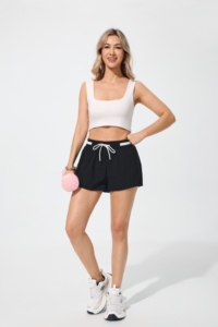 Pantaloncini da donna a vita alta in tinta unita con coulisse, traspiranti in spandex e poliestere, stile estivo per il tempo libero - Product Image 3