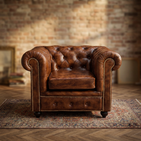 Canapé Chesterfield une place en cuir véritable, dossier capitonné, accoudoirs roulés, pieds en bois massif, fauteuil lounge vintage pour chambre à coucher