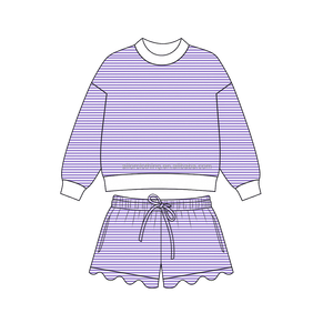 Shorts Striped <b>Drawstring</b> Cotton Girls Sweatshirt Set Wholesale Custom Color Custom Size Private Label - Product Image 3