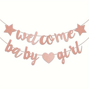 Banderín de bienvenida para bebé, niño o niña, con letras, forma de estrella y corazón, de papel brillante, para revelación de género, decoración de fondo para baby shower - Product Image 1