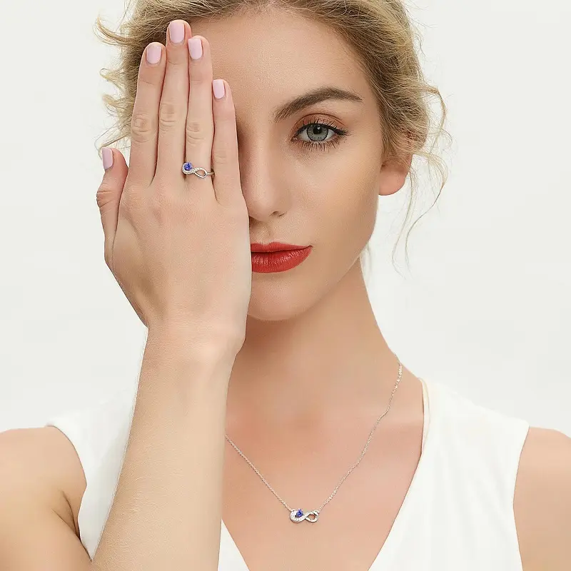 Anel de prata esterlina 925 personalizado infinito Tanzanite CZ clássico para ela, anel de prata esterlina infinita para coração