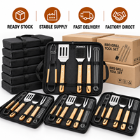 Ensemble d'outils de barbecue RTS 5 pièces en acier inoxydable avec poignées en bois, sac de transport, pour camping en extérieur, faible MOQ, 5 ensembles, logo personnalisé
