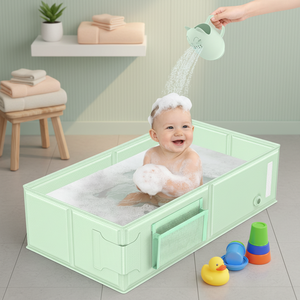Baignoire pliable pour bébé en PVC sans BPA avec gobelet de douche |   Grande baignoire carrée pour bébé, gain de place |   Logo personnalisé et usine OEM - Product Image 5
