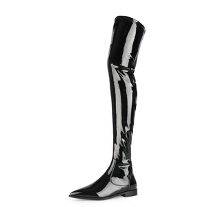 Botas planas sexys de moda para mujer, por encima de la rodilla, elásticas, de PU charol, con punta en pico, elásticas, hasta el muslo, tallas 35-45 - Product Image 1