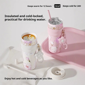 Mug isotherme en céramique 316 à motif floral avec sangle, design de haute valeur, tasse de voiture portable avec poignée - Product Image 2