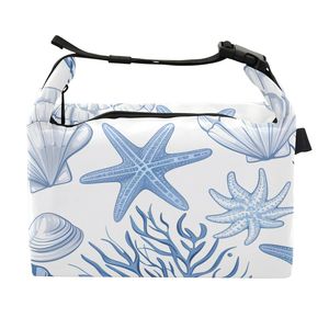 Light Blue Coastal Starfish Print Durable Polyester Insulated Lunch Bag Cooler Bag for Picnic BBQ Food Takeout Delivery - Product Image 1