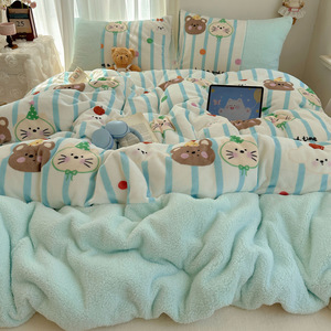 Set di Biancheria da Letto in Velluto <span class=keywords><strong>Blu</strong></span> Animai con Inserti in Velluto d'Agnello, Ispessito, 4 Pezzi, Stile Coreano, per Bambini e Studenti - Product Image 1