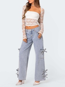 Pantalones vaqueros cargo azul claro para mujer al por mayor con lazos de cinta, de tiro bajo y pierna ancha, estilo coquette Y2K, <span class=keywords><strong>jeans</strong></span> streetwear - Product Image 3