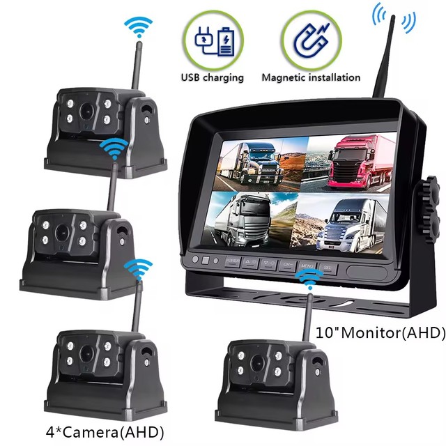 2.4G Wireless Truck 1080p Ahd Backup Bus Camera Kit Solar Energy System Car Revers 4 Camera Split Dvr Screen 12-30V Dash Cam