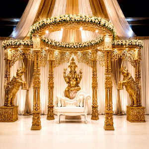 Mandap de mariage traditionnel à double poteau avec statues d'éléphants, style Grand Maharaja, Mandapam en fibre Trivani avec Ganesha, Australie - Product Image 1