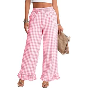 Pantalones anchos de algodón a cuadros para mujer FOXA, con volantes en el bajo, cintura elástica y bolsillos. - Product Image 1