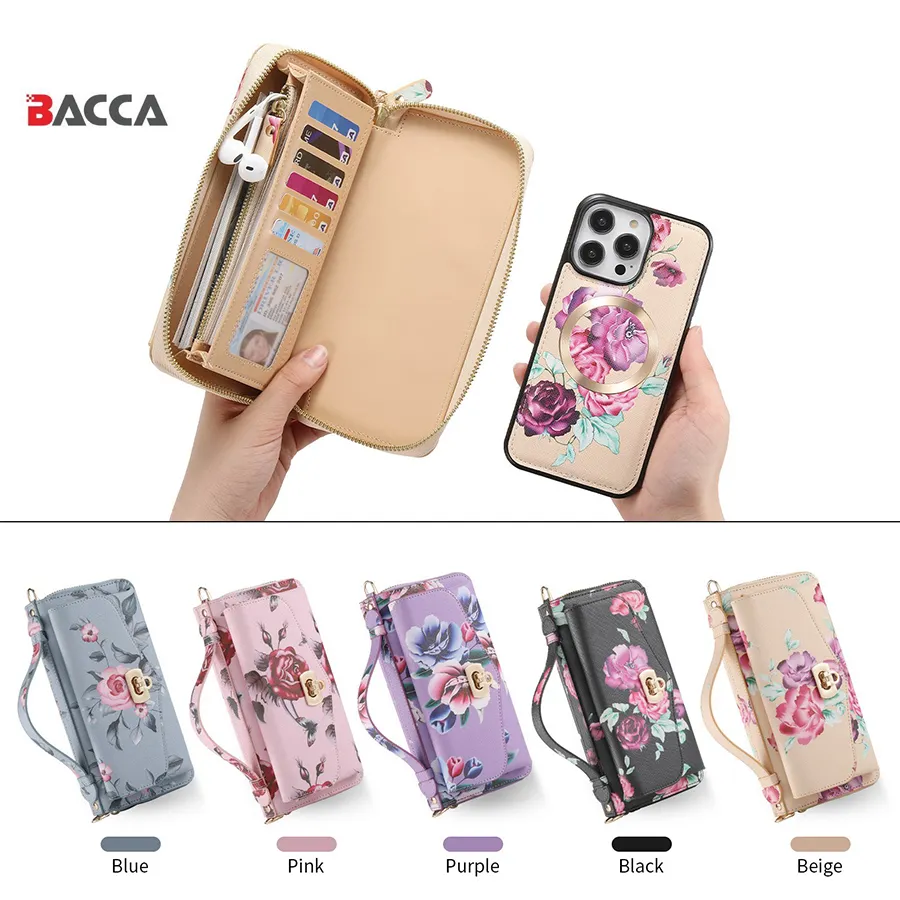 POLA Fleurs Peint RFID Protection Portefeuille Grande Capacité Pour iPhone 15 14 pour Samsung Cosmétique Sac Téléphone Cas Avec Miroir