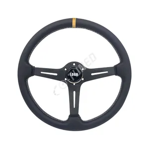 JDM 380ミリメートル/15インチBlack Spoke Leather Steering Wheel Flat Corn Car Steering Wheel With White Stitching