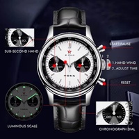 Montre-bracelet Red Star Panda pour homme, chronographe mécanique 1963, bracelet en cuir, mouvement Seagull ST1901, 40 mm, lumineuse