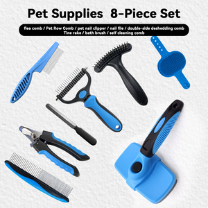 8-Piece Stainless Steel Portable Cat <b>Grooming</b> Set with Brush Comb Bath Brush Flea Comb Nail Clipper & File - Product Image 2